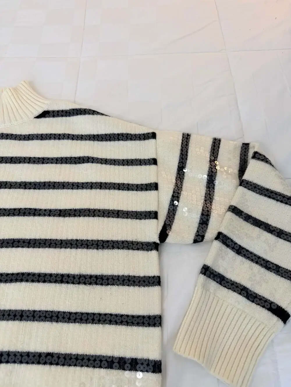 Sequin Striped Mock Neck Sweater Quiet Luxury Glam Style